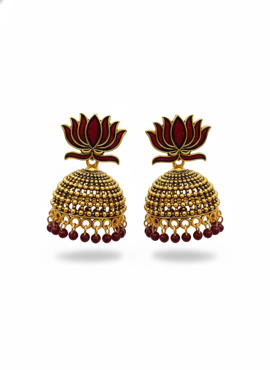 Garnet Lotus Jhumka Earrings dark red