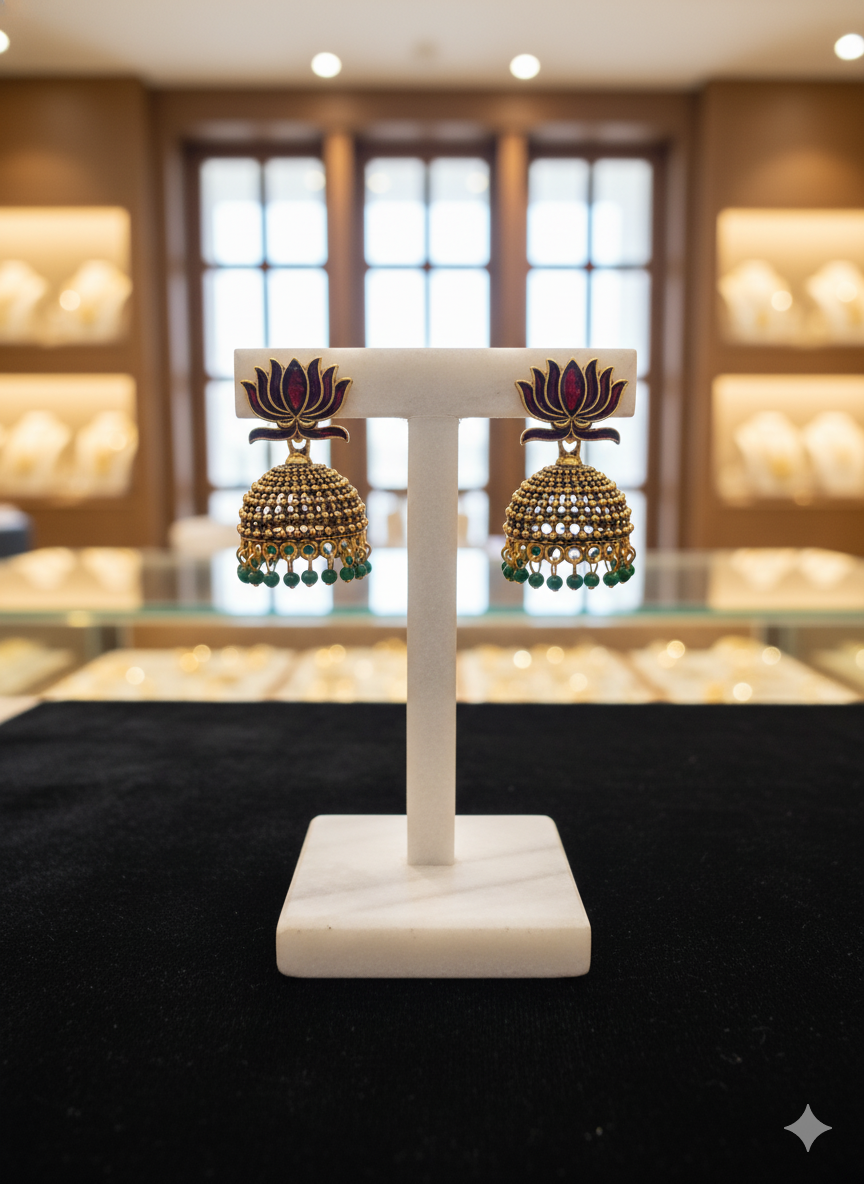 Garnet Lotus Jhumka Earrings dark red