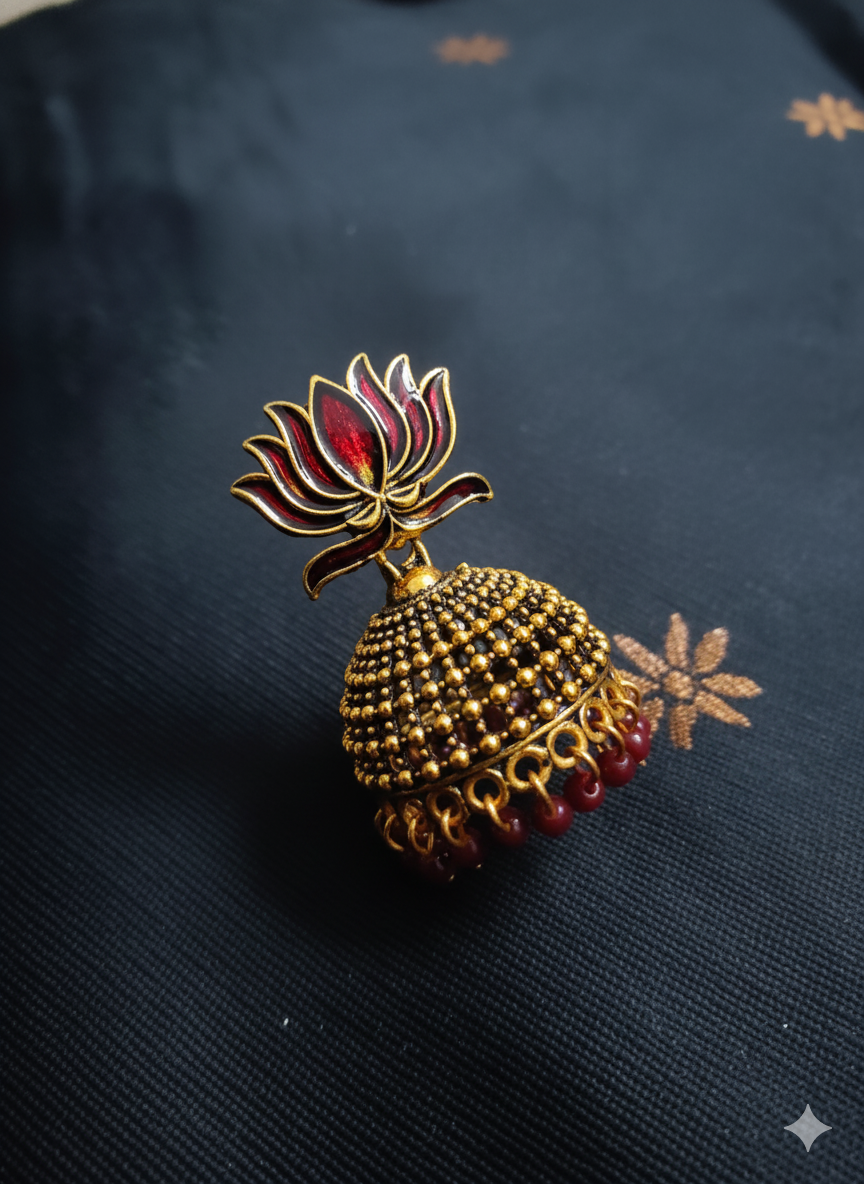 Garnet Lotus Jhumka Earrings dark red