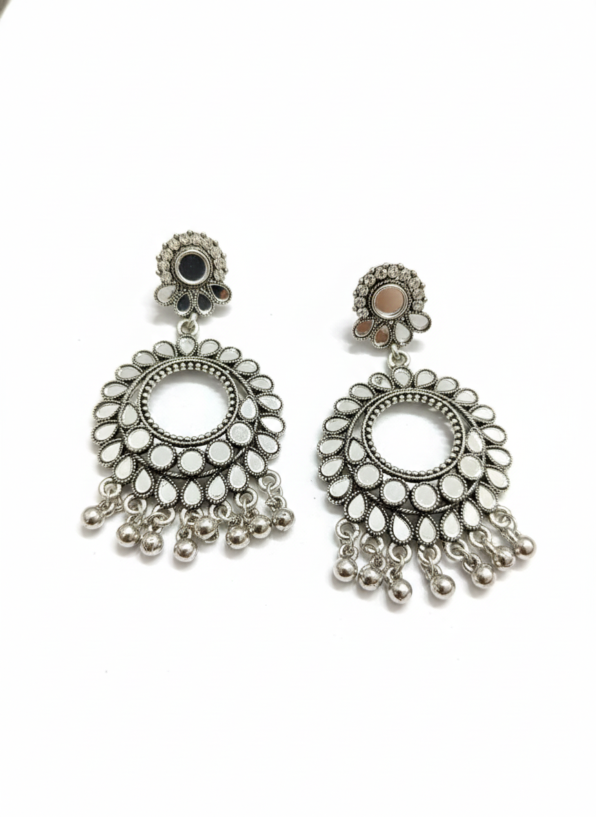 Mirror Bloom Oxidized Chandbali Earrings