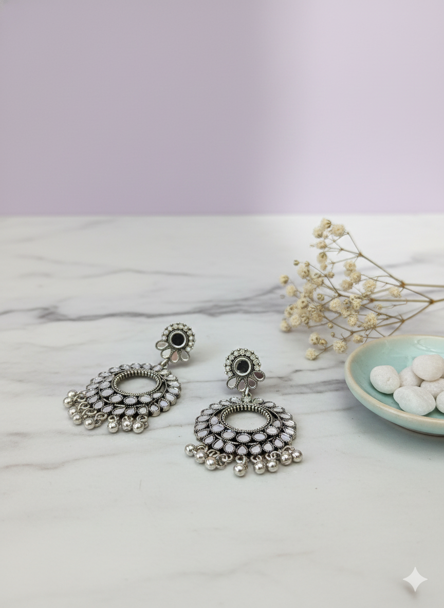 Mirror Bloom Oxidized Chandbali Earrings