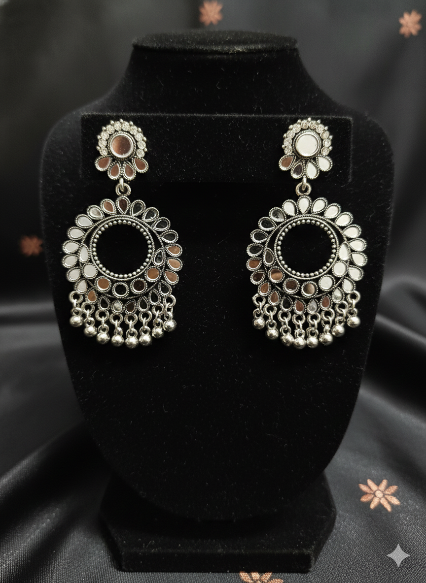 Mirror Bloom Oxidized Chandbali Earrings