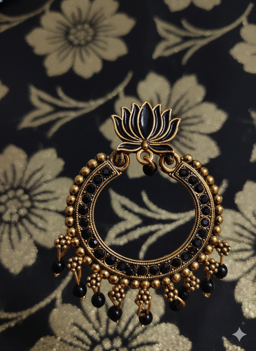 Onyx Lotus Hoop Earrings black