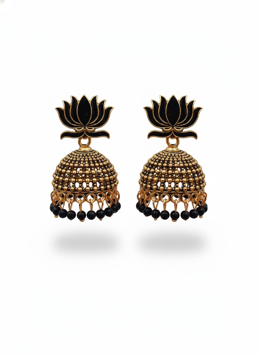 Black Lotus Jhumka Earrings