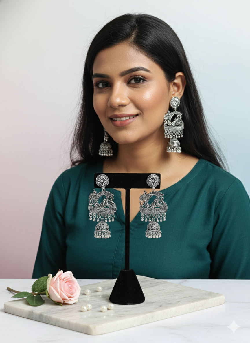 Radha Krishna Oxidized Heritage Jhumkas