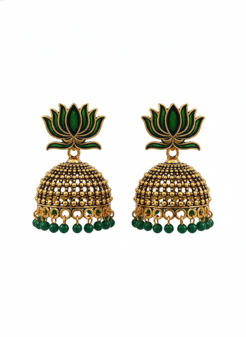 Emerald Lotus Jhumka Earrings