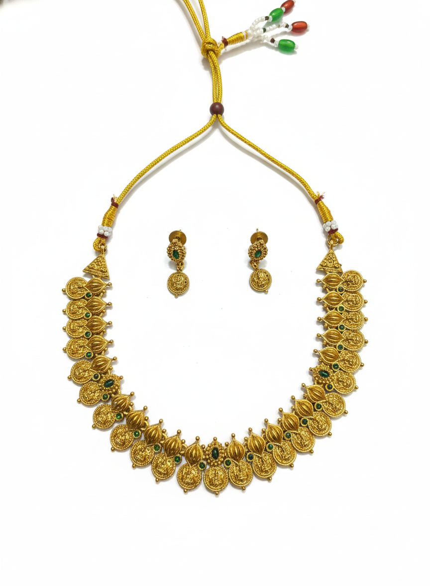 Lakshmi Coin Temple Necklace Set with Earring
