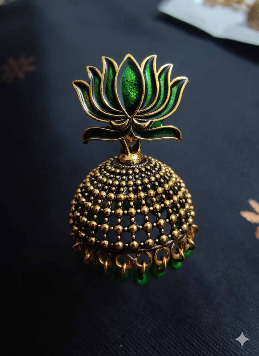 Emerald Lotus Jhumka Earrings