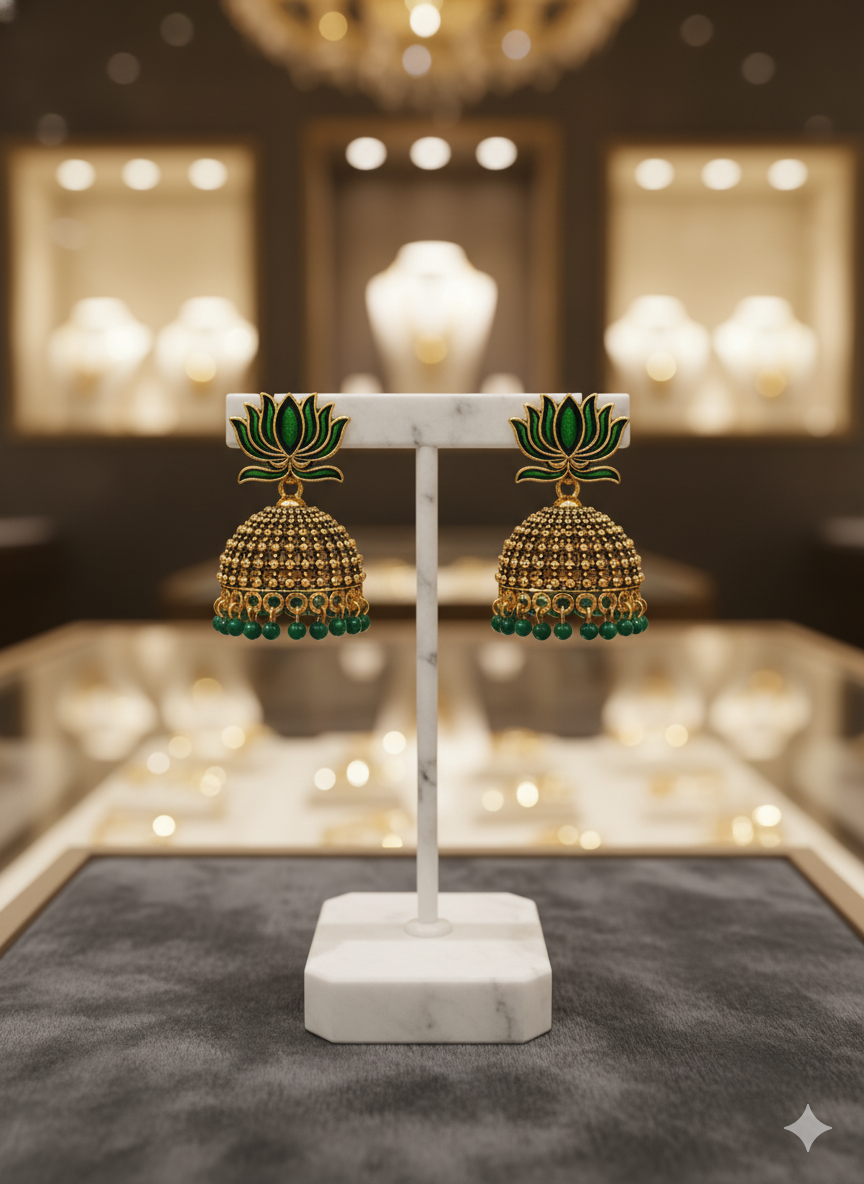 Emerald Lotus Jhumka Earrings