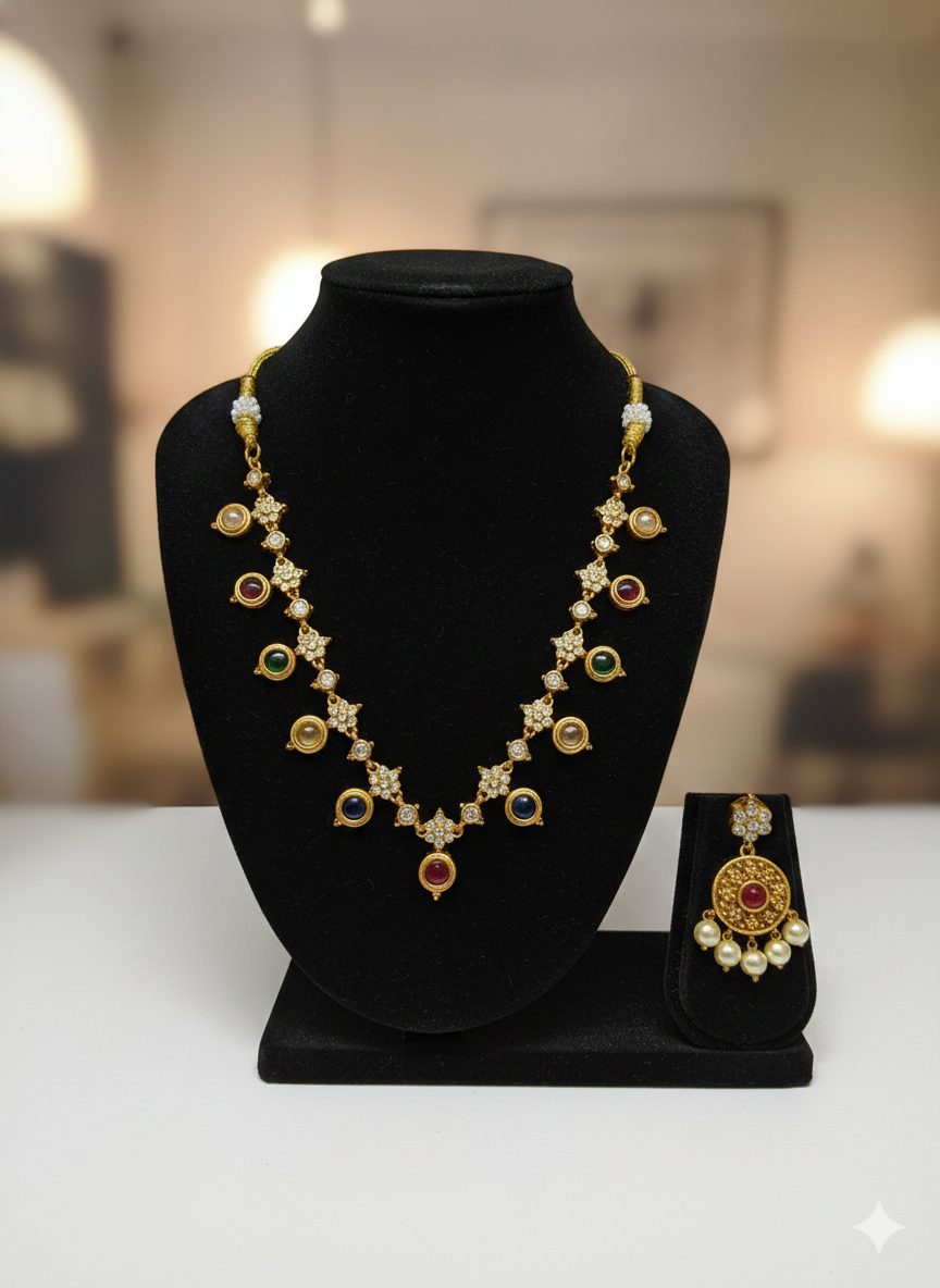 Navratna Floral Harmony Necklace Set