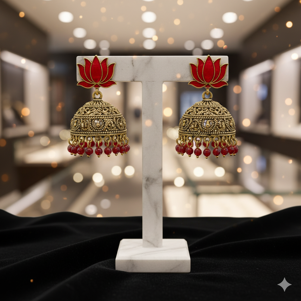 Ruby Lotus Jhumka Earrings