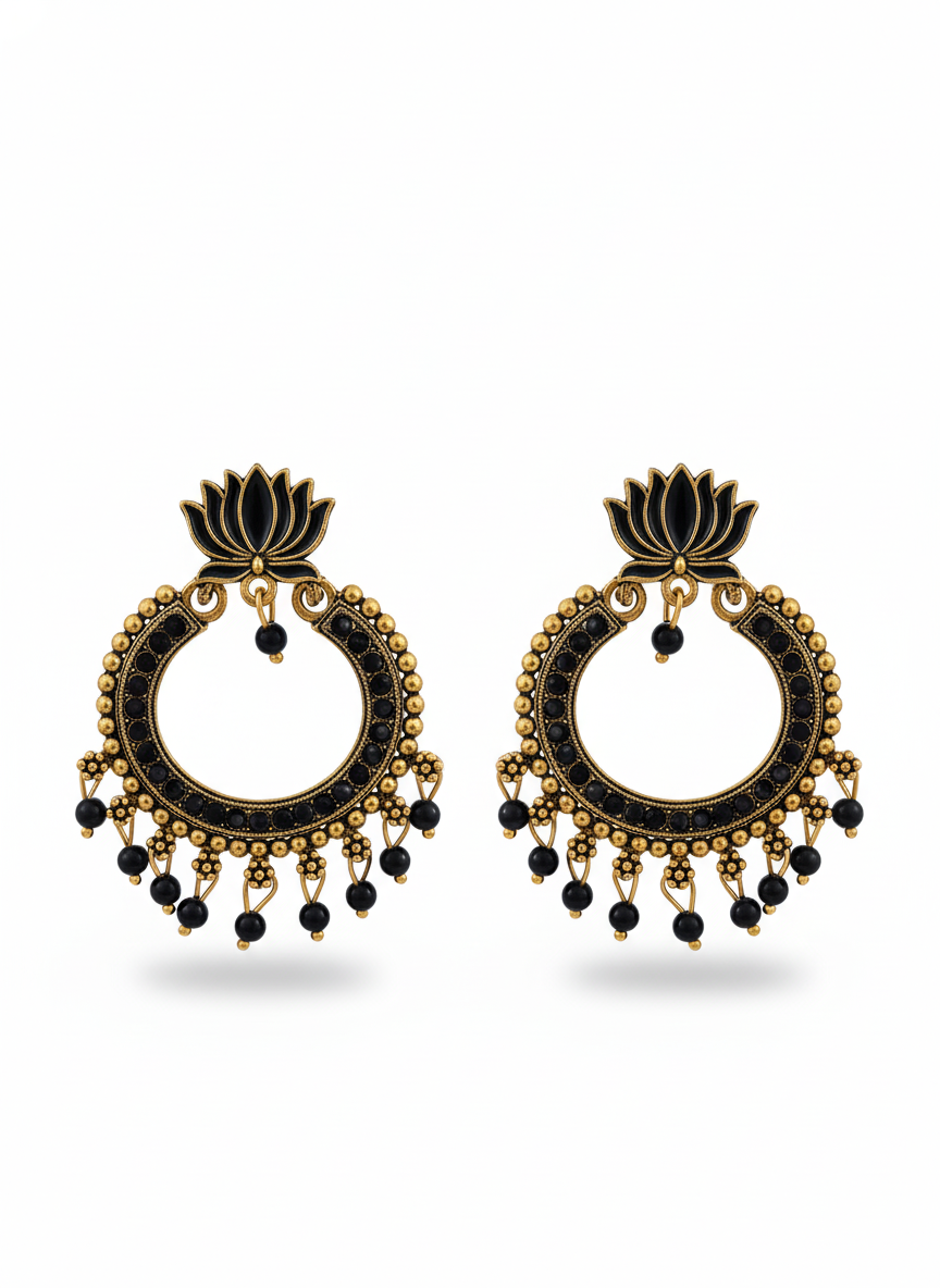 Onyx Lotus Hoop Earrings black