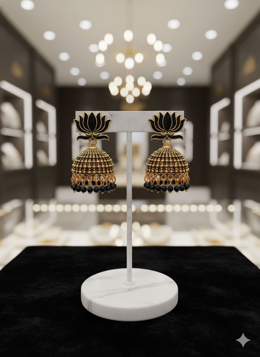 Black Lotus Jhumka Earrings