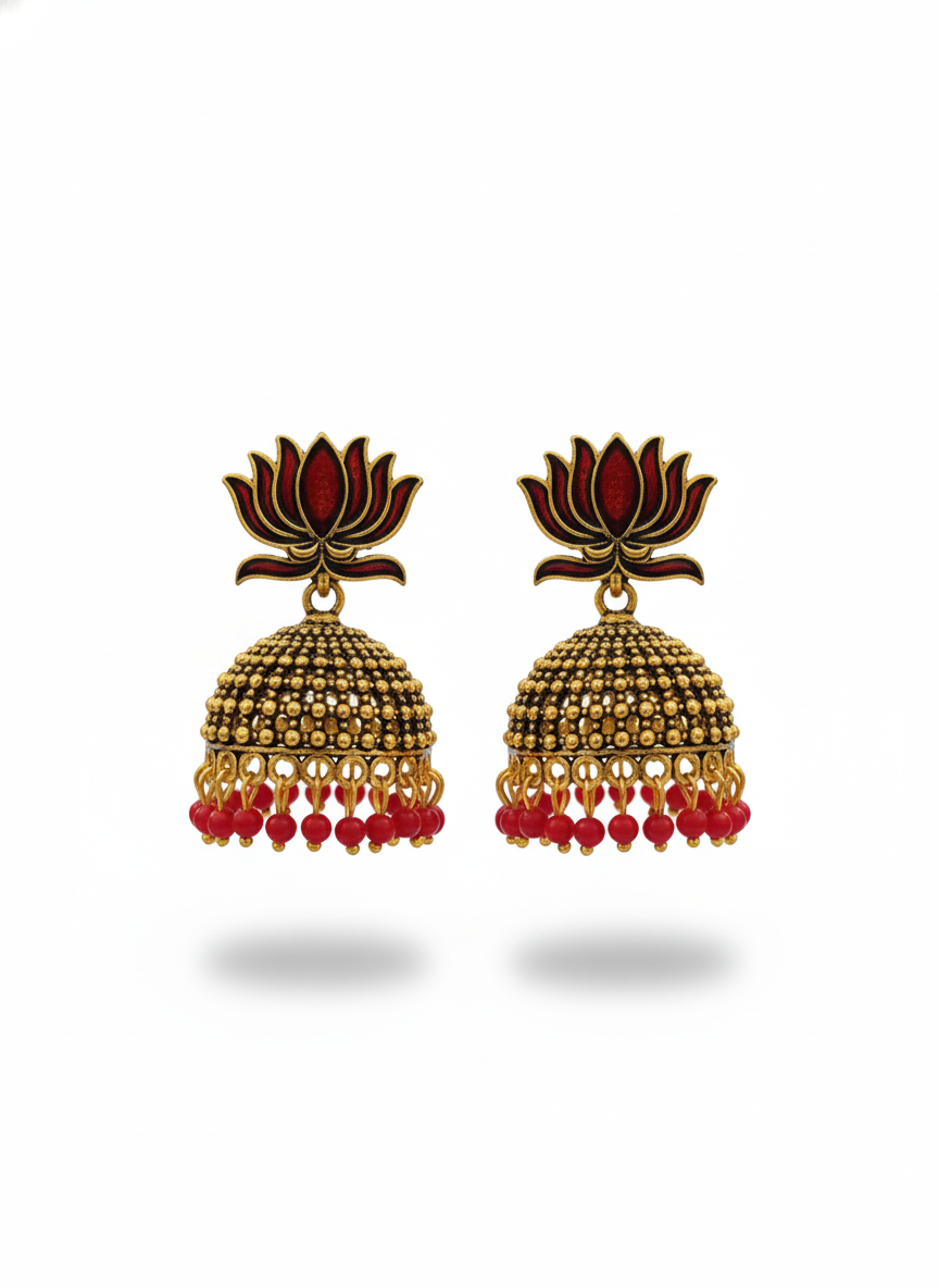 Ruby Lotus Jhumka Earrings